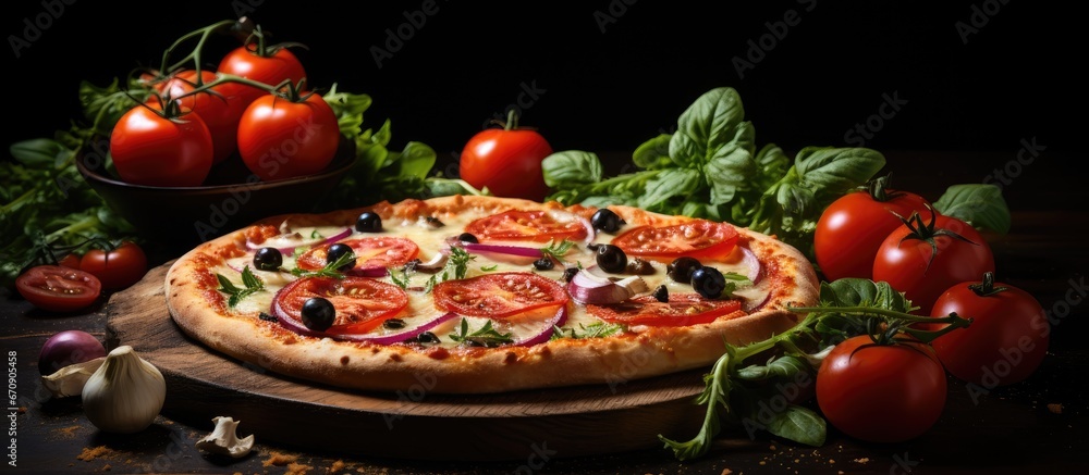 Italian pizza topped with cheese and veggies served on a table