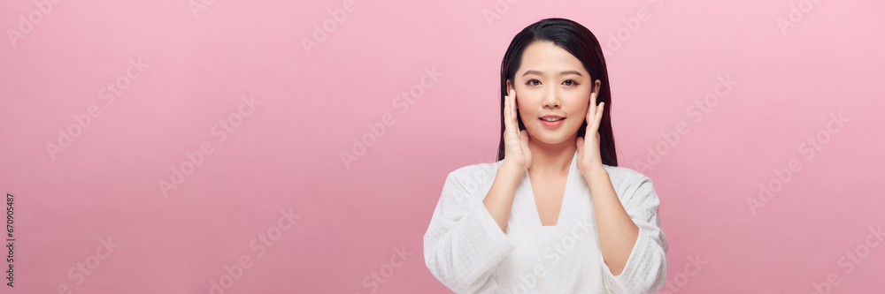 Perfect Skin. Cheerful asian woman touching face over pink background. Panorama, Perfect Skin. Cheerful asian woman touching face over pink background. Panorama,