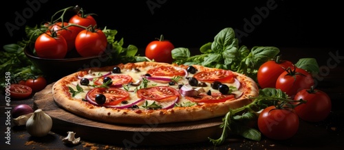 Italian pizza topped with cheese and veggies served on a table