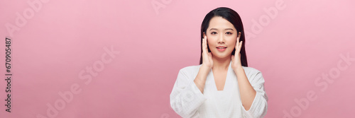 Perfect Skin. Cheerful asian woman touching face over pink background. Panorama, © makistock