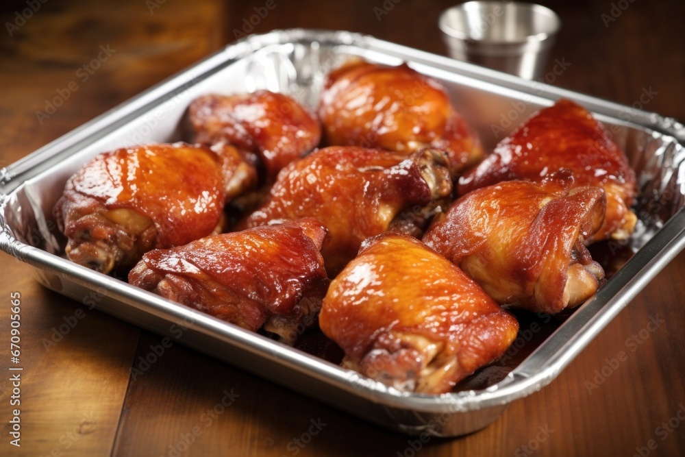 overhead view of glazed chicken thighs on silver plate overhead view of glazed chicken thighs on silver plate