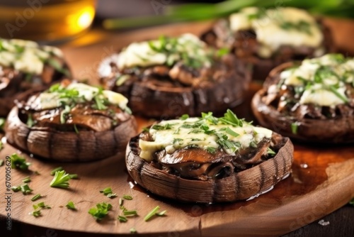 close shot of stuffed grilled portobello mushrooms with cheese