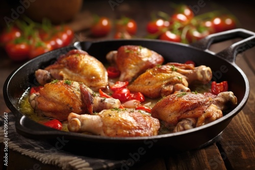 chicken thighs sizzling in heavy-bottomed skillet