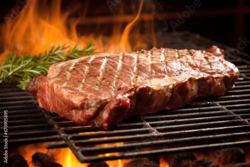 sizzling ribeye steak on a grills hot surface