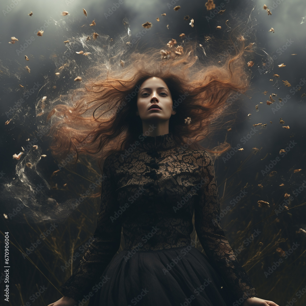 allegory - a girl in a black lace dress is depressed, renunciation, hopelessness, oblivion, chaos of nature reigns around against the backdrop of a black sky, in Gothic style - obrazy, fototapety, plakaty 