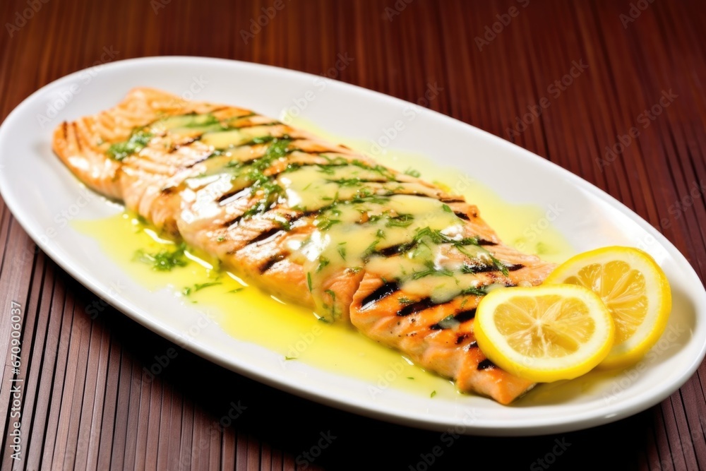 grilled salmon steak topped with lemon butter sauce grilled salmon steak topped with lemon butter sauce