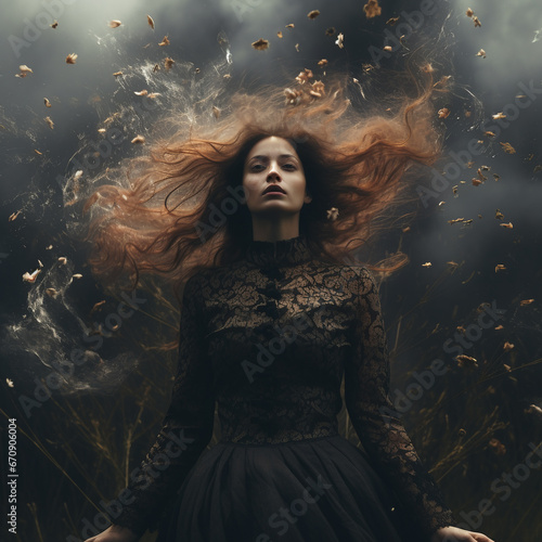 allegory - a girl in a black lace dress is depressed, renunciation, hopelessness, oblivion, chaos of nature reigns around against the backdrop of a black sky, in Gothic style