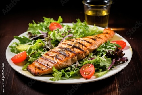 healthy grilled salmon steak with a green salad