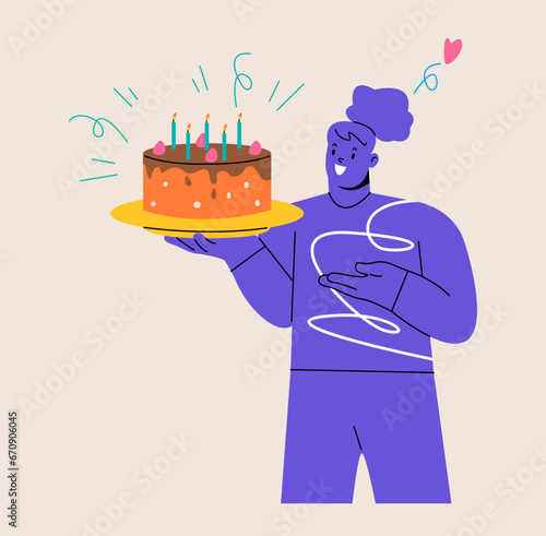 Birthday celebration. Happy woman holding a Birthday sweet cake with candles. Colorful vector illustration
