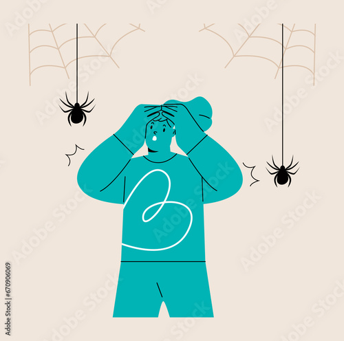 Arachnophobia. Phobia psychology concept. Woman afraid of spiders. Colorful vector illustration