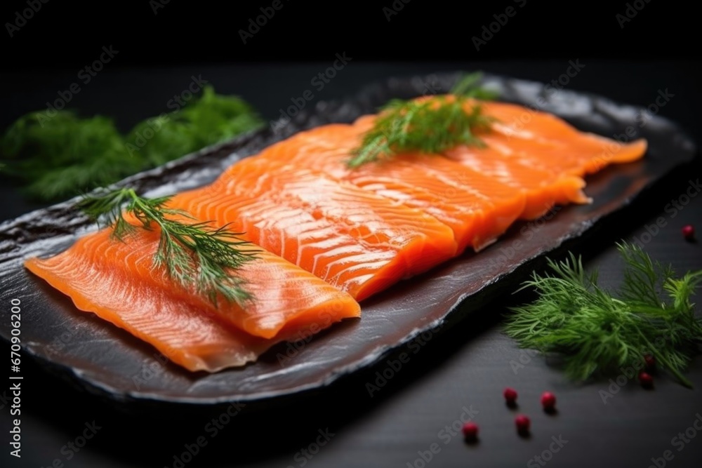 cold smoked salmon garnished with dill sprigs on a dark background cold smoked salmon garnished with dill sprigs on a dark background