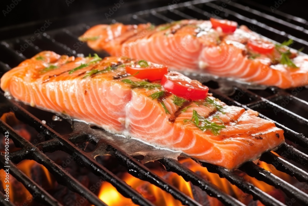 salmon steak on grill with basting sauce