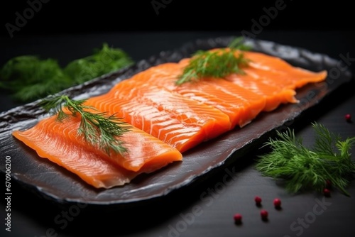 cold smoked salmon garnished with dill sprigs on a dark background
