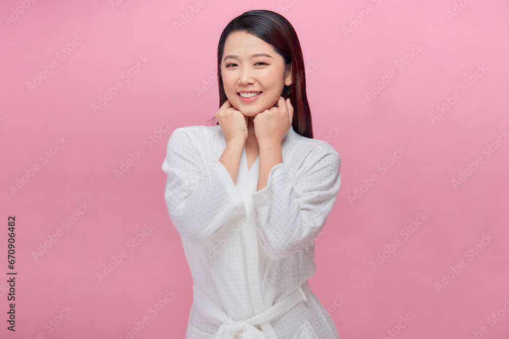 Banner of pretty black woman touching her chin over pink background with copy space Banner of pretty black woman touching her chin over pink background with copy space