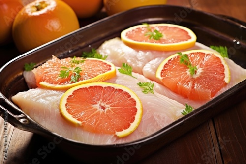 fresh haddock fillet under a glaze of grapefruit