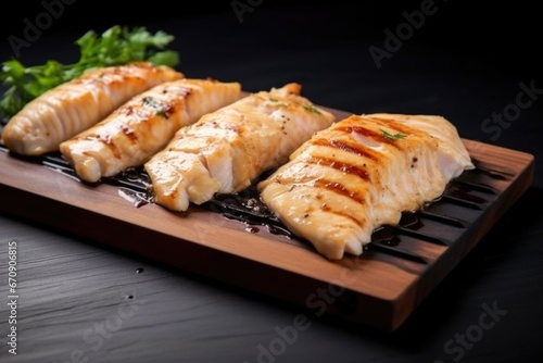 pairs of glazed fish fillets on a dark wooden board