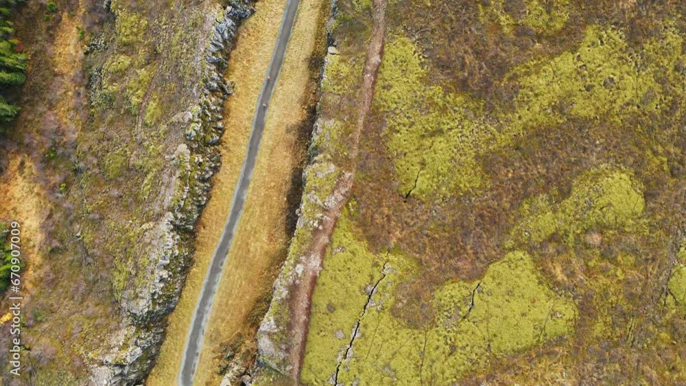 Top down aerial of Langistígur canyon with a hiking trail in Thingvellir National Park in Iceland Top down aerial of Langistígur canyon with a hiking trail in Thingvellir National Park in Iceland