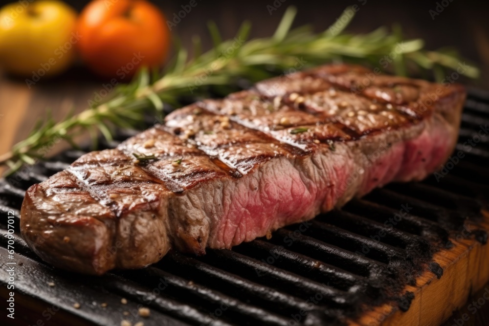 close up shot of a grilled sirloin steak garnished with thyme