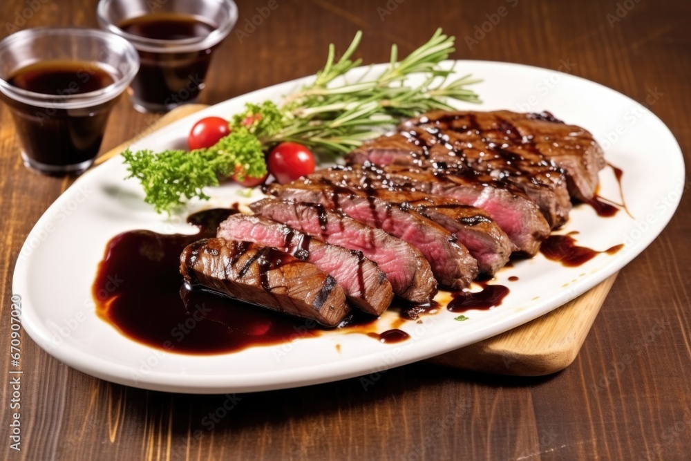 a ceramic dish with a grilled sirloin, glazed with barbecue sauce