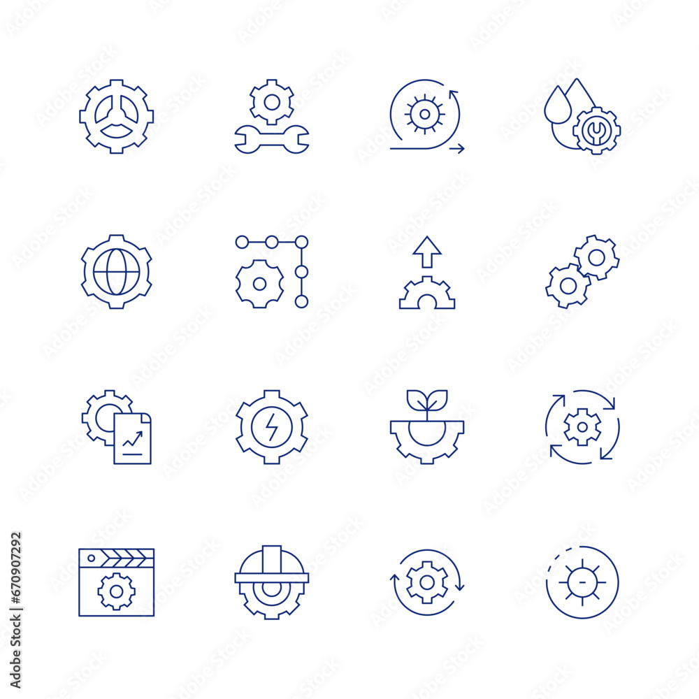 Gear line icon set on transparent background with editable stroke. Containing gear, analytics, script, setting, settings, power, helmet, agile, upload, engineering, arrows, repair, gears, recovery.