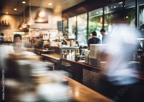 Coffee shop with motion blur of customers entering and leaving. AI generative.