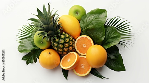 An AI illustration of many fruits and green leaves are in the photo together and in a small arrangem