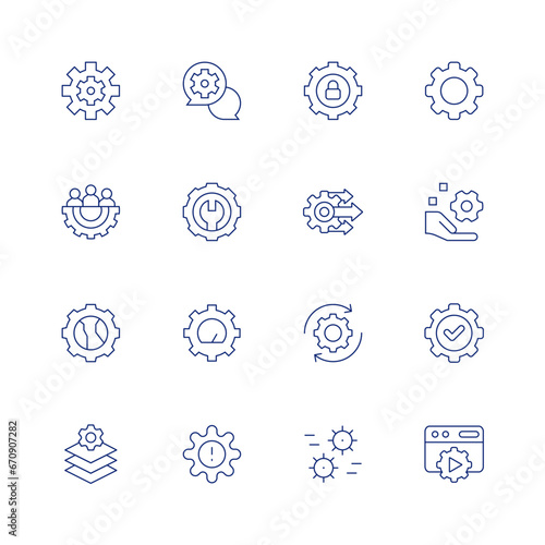 Gear line icon set on transparent background with editable stroke. Containing gears, team management, settings, maintenance, chat, gear, process, padlock, fast solution, setting, video editing.