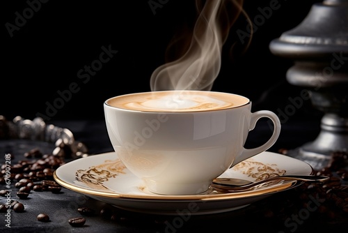 White Cup of Coffee with Steam and Coffee Beans on a Dark Background