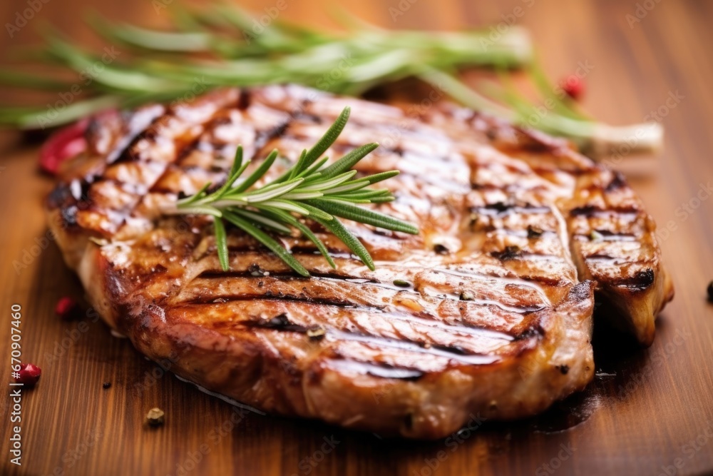 close-up of a grilled pork chop with a rosemary garnish close-up of a grilled pork chop with a rosemary garnish