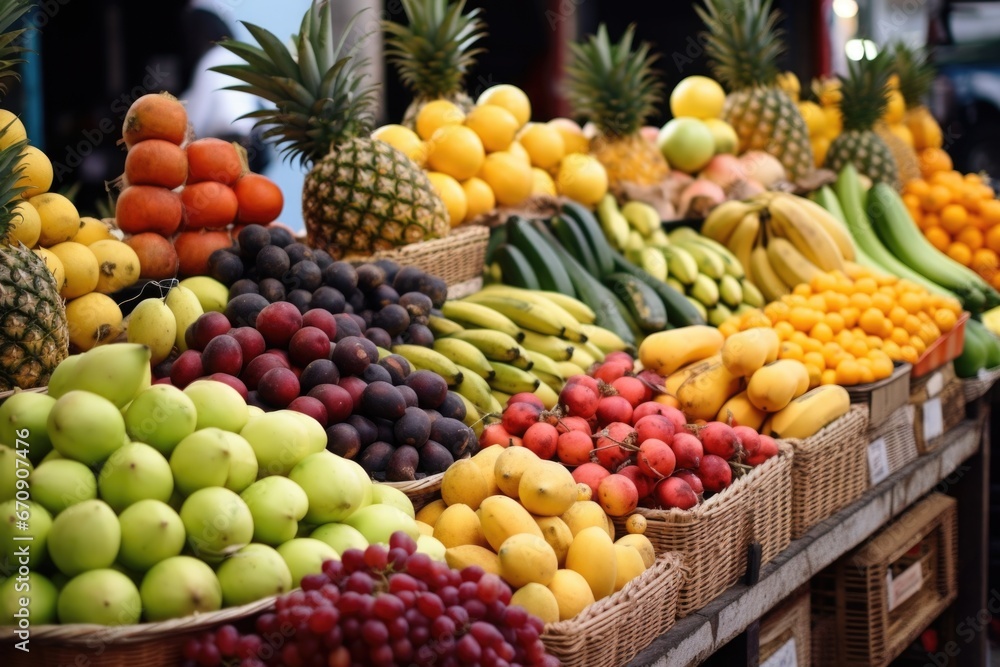 various kinds of fruits on a market stand