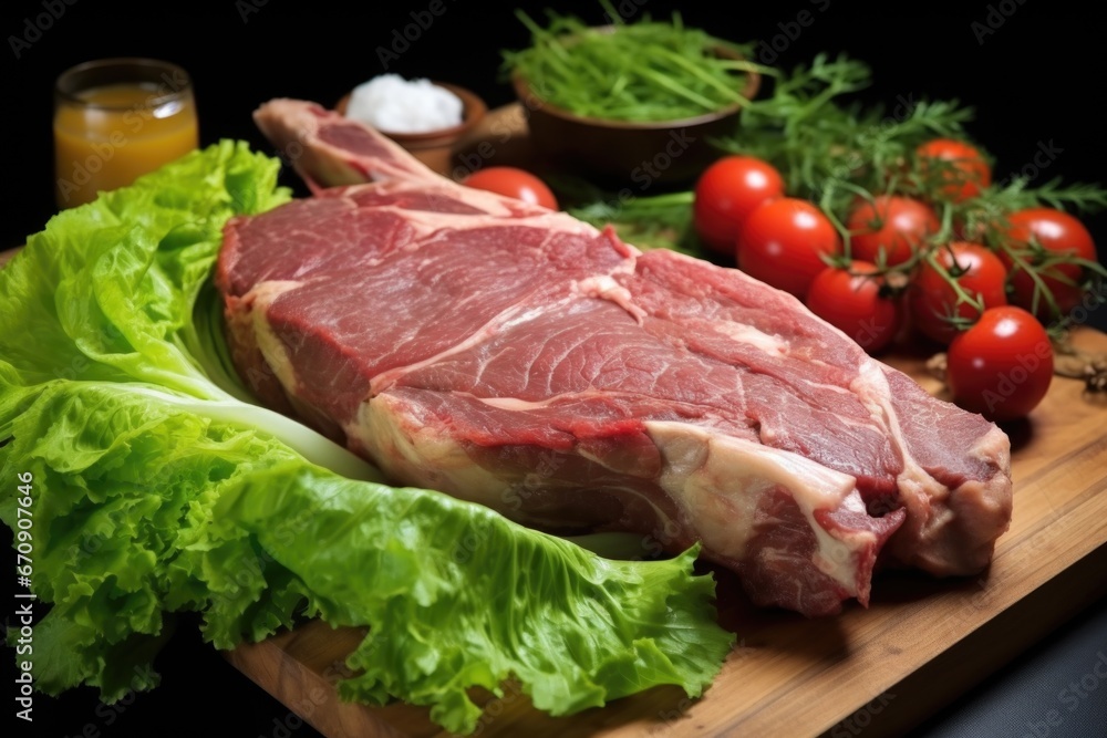 t-bone steak served on a bed of freshly picked lettuce leaves