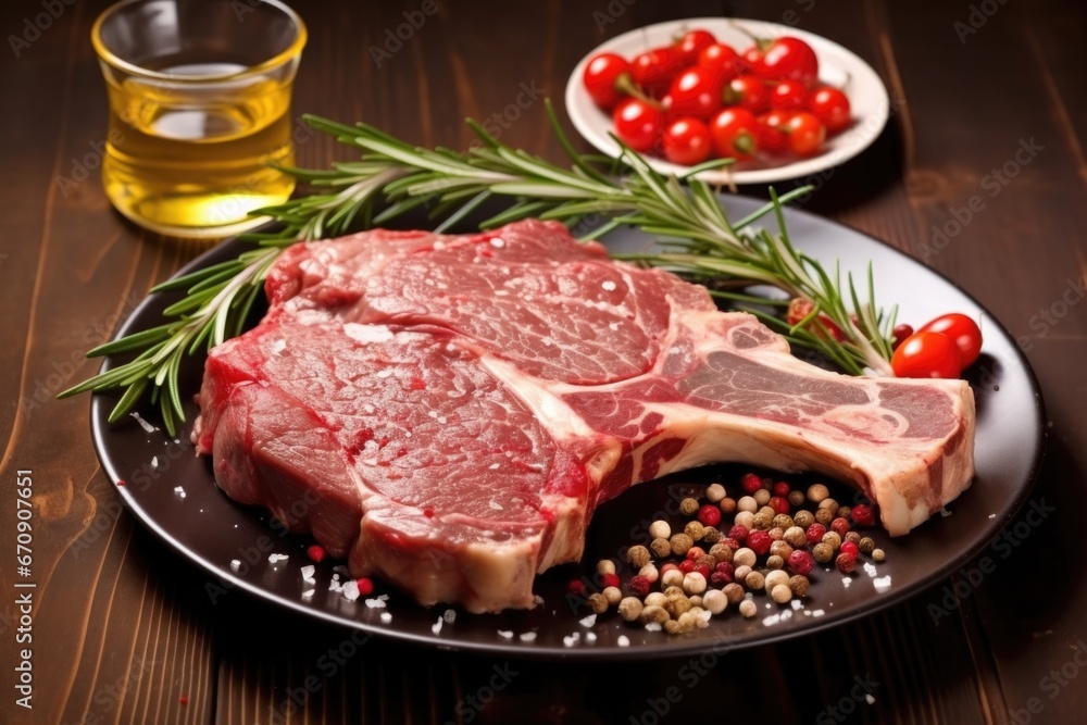 t-bone steak garnished with rosemary and pepper on a plate