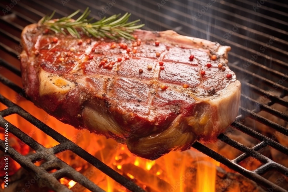 t-bone steak searing on a hot grill