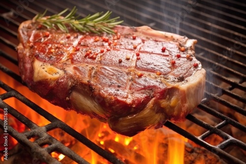 t-bone steak searing on a hot grill