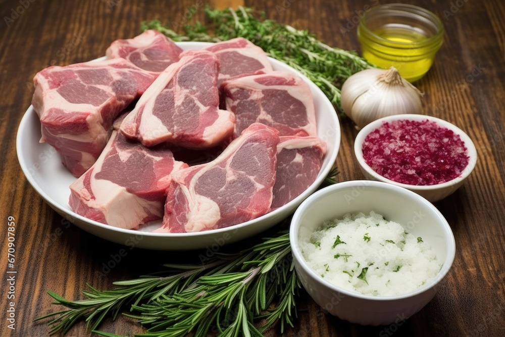garlic and rosemary rub spread over uncooked lamb chops garlic and rosemary rub spread over uncooked lamb chops