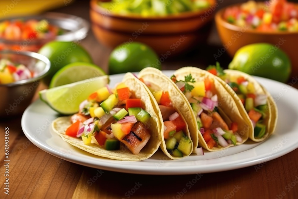 arranged grilled sausage tacos with pickled vegetables on a plate arranged grilled sausage tacos with pickled vegetables on a plate