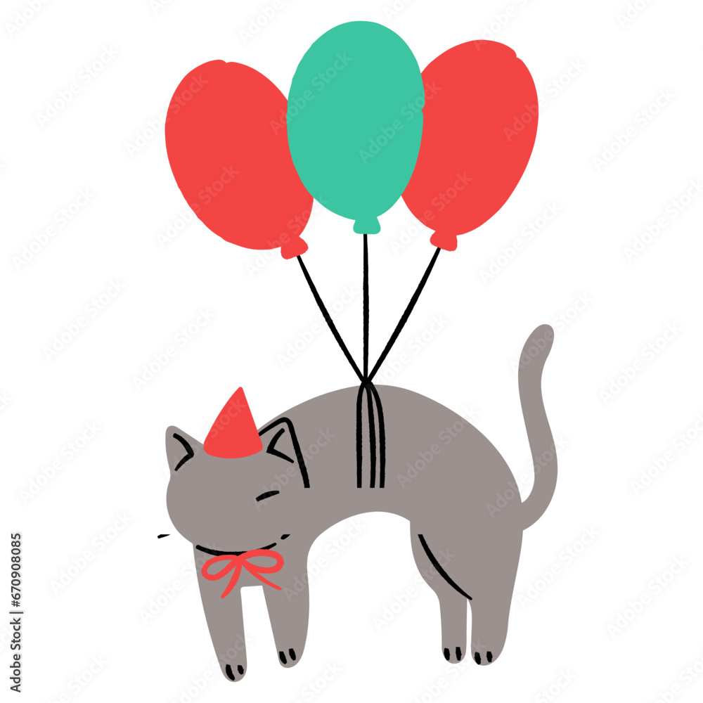 Cute cat floating with balloons party flat illustration Cute cat floating with balloons party flat illustration