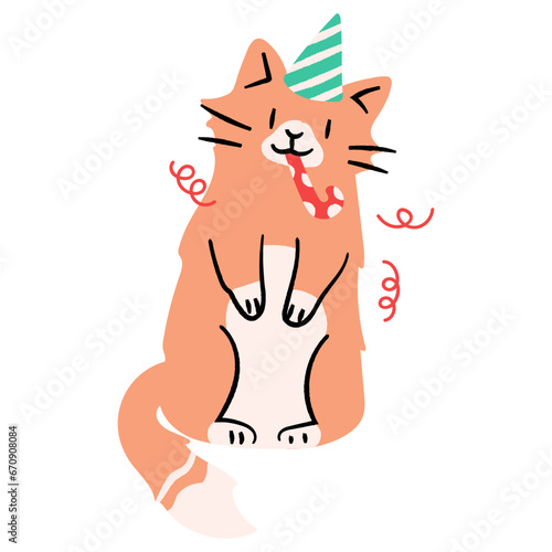 Cute cat blowing party horn flat illustration