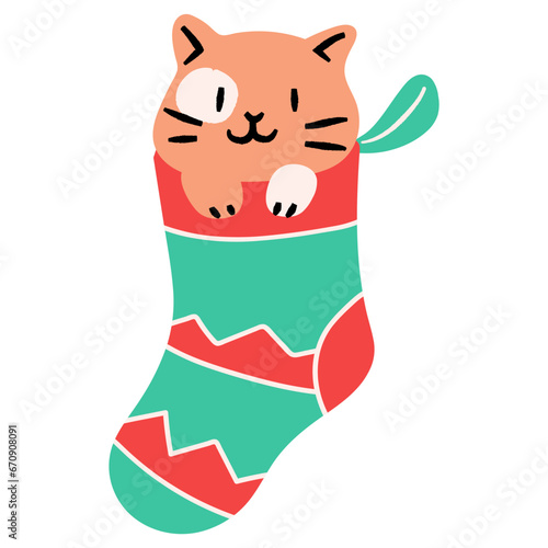 Cute cat in christmas sock flat illustration