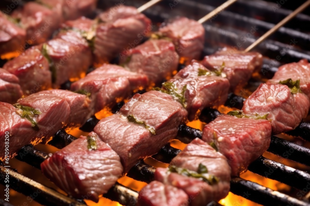 skewered steak tips with garlic on a hot coal barbecue grill