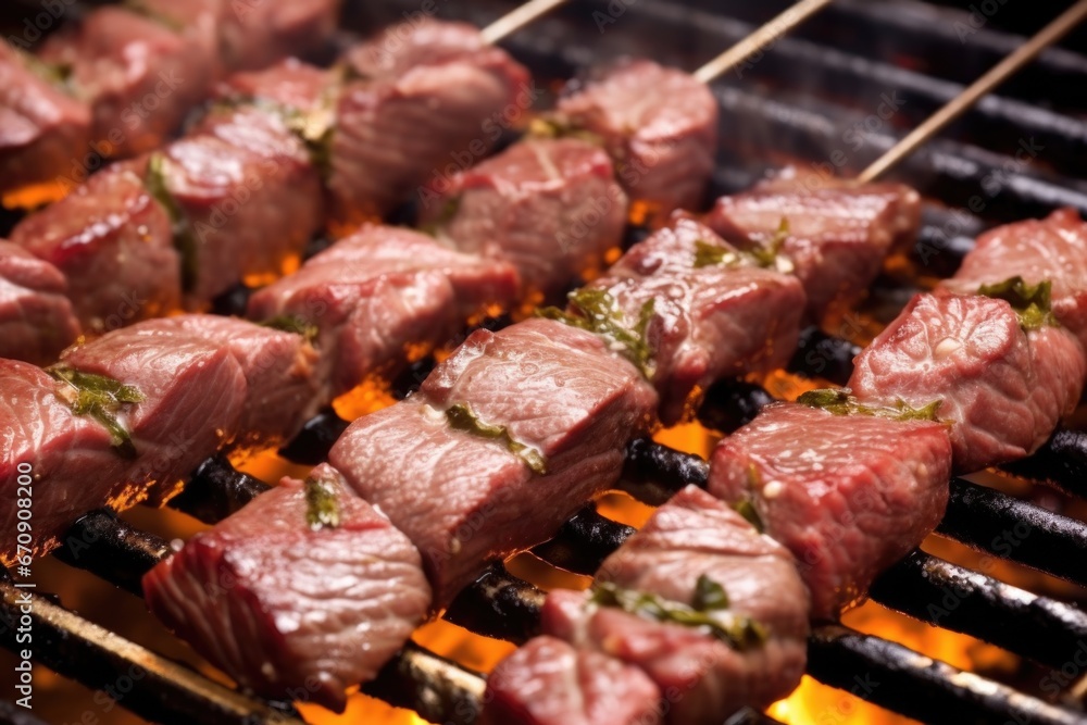 skewered steak tips with garlic on a hot coal barbecue grill skewered steak tips with garlic on a hot coal barbecue grill