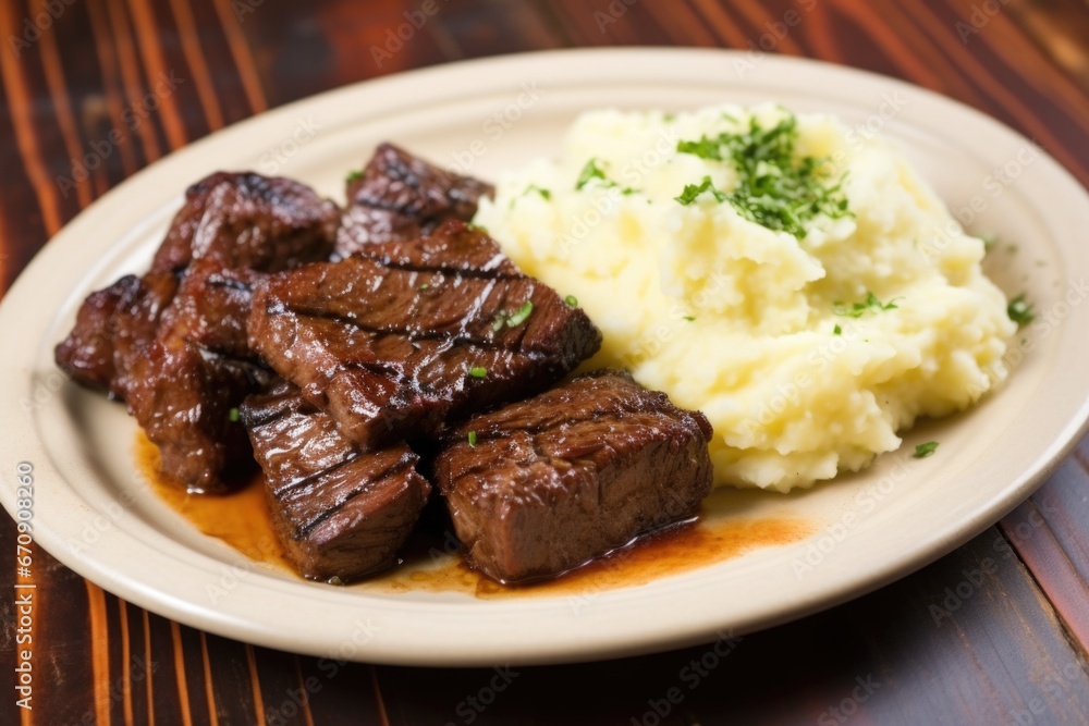 garlic bbq steak tips with a side of mashed potatoes garlic bbq steak tips with a side of mashed potatoes
