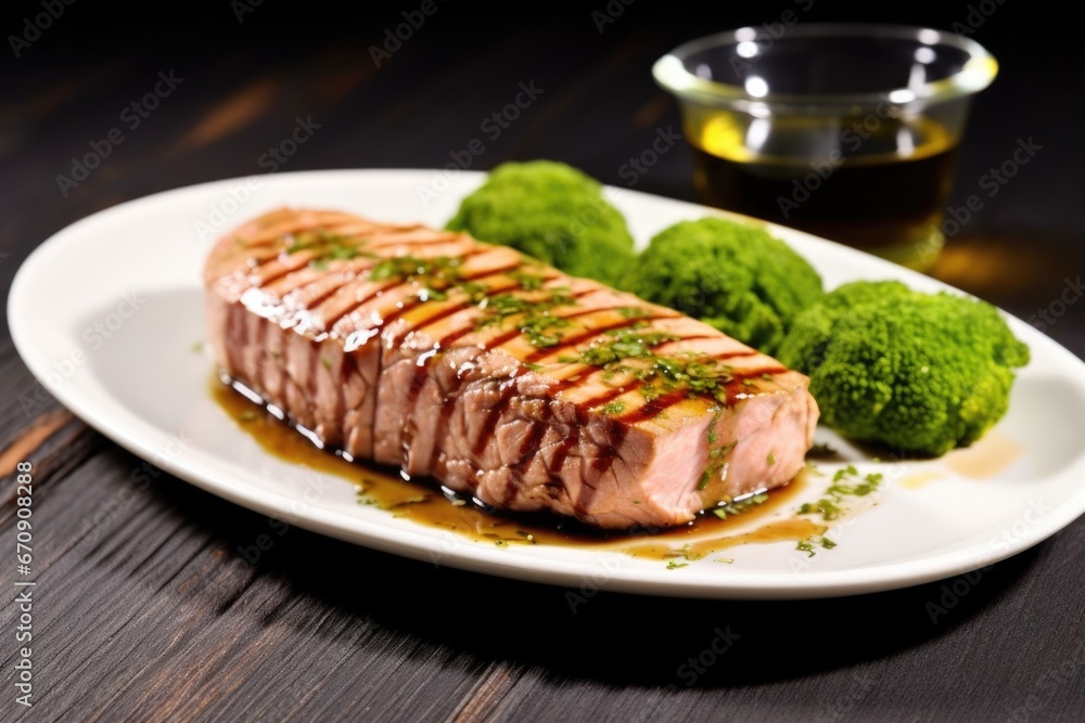 grilled tuna steak served with a swirl of wasabi paste