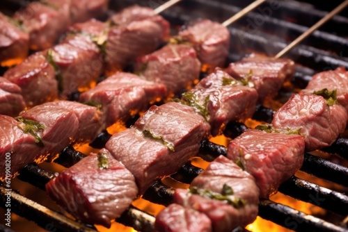 skewered steak tips with garlic on a hot coal barbecue grill