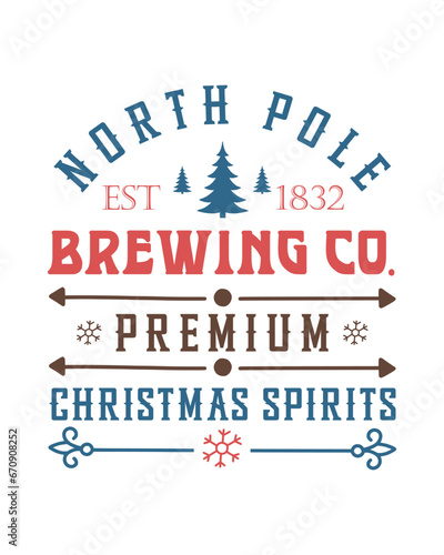 North pole Brewing co vintage farmhouse Christmas sign, label, poster design on white background