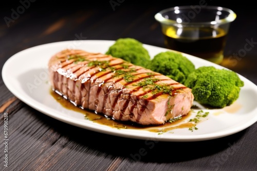 grilled tuna steak served with a swirl of wasabi paste
