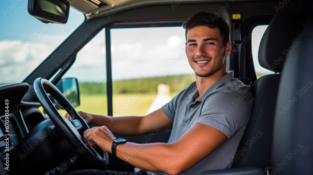 Young truck driver in the car cab. A truck driver is carrying cargo. Business concept, transportation.
