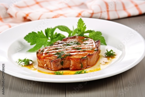 grilled veal chops on white porcelain plate garnished with parsley