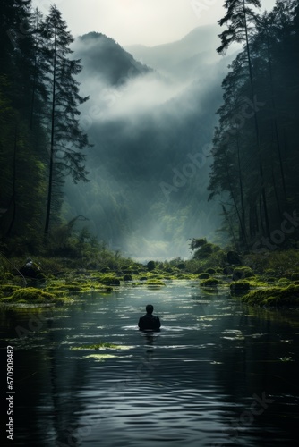 swimmer's serene moment of solitude in the middle of a calm lake, Generative AI