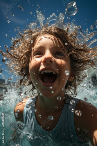 young swimmer's joyous splash in a pool on a hot summer day, Generative AI © Shooting Star Std